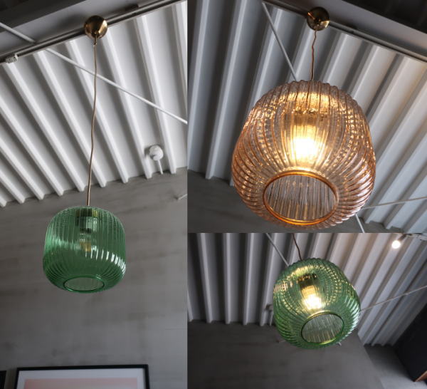 laicerペンダントライト,点灯時のアンバー調ピンクガラスシェード