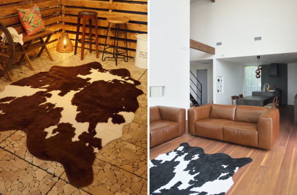 フェイクファーを使用した、カウ柄のラグマット