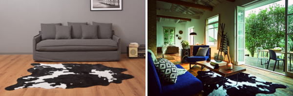 フェイクファーを使用した、カウ柄のラグマット