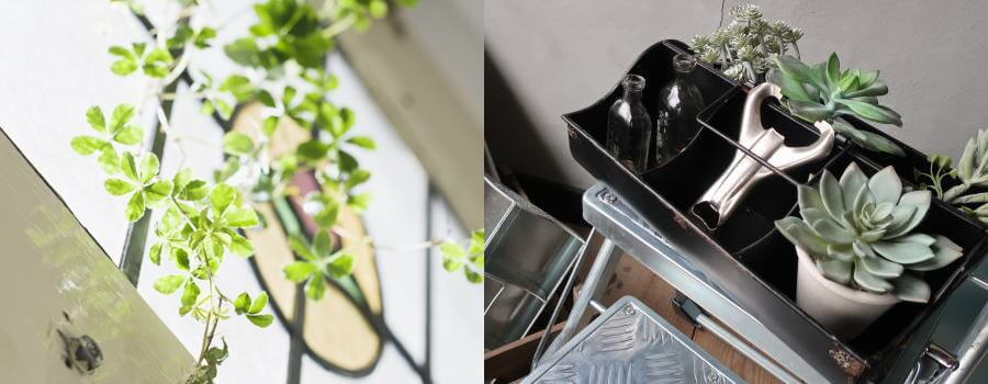 おしゃれなガーデニング雑貨が並ぶインテリアイメージ,ジョーロやポット、玄関マットなど